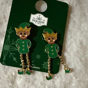 Holiday Time Festive Green and Gold Elf Earrings